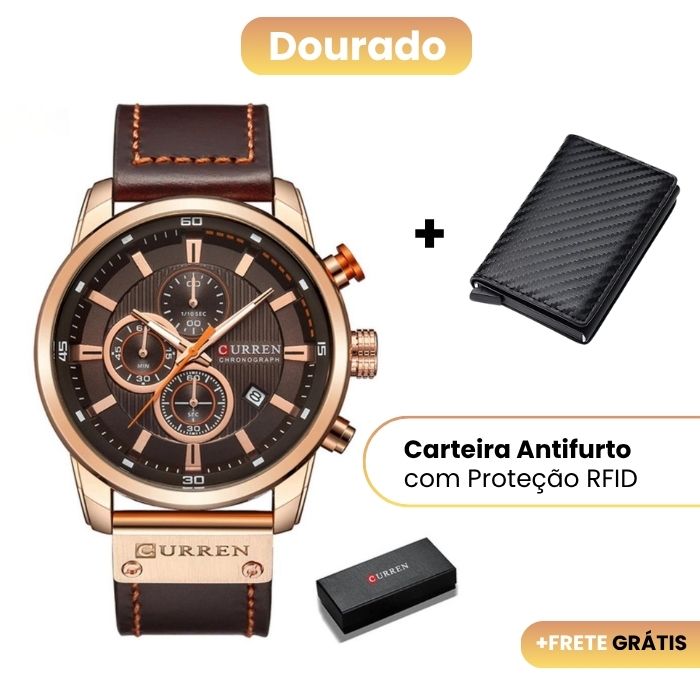 Relógio Curren Magnatta™ + Carteira Antifurto com Proteção RFID [Brinde]