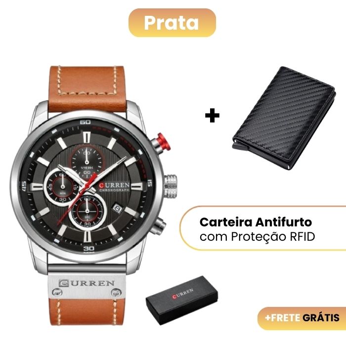 Relógio Curren Magnatta™ + Carteira Antifurto com Proteção RFID [Brinde]