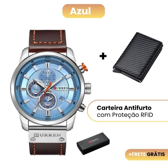 Relógio Curren Magnatta™ + Carteira Antifurto com Proteção RFID [Brinde]